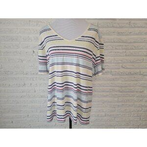 Coral Bay Womens Top 1X Plus Tee Lightweight Blue Stripe Rhinestone STR93XE